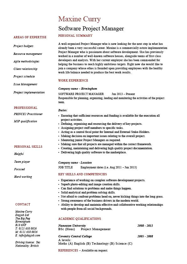 software project manager resume 1461