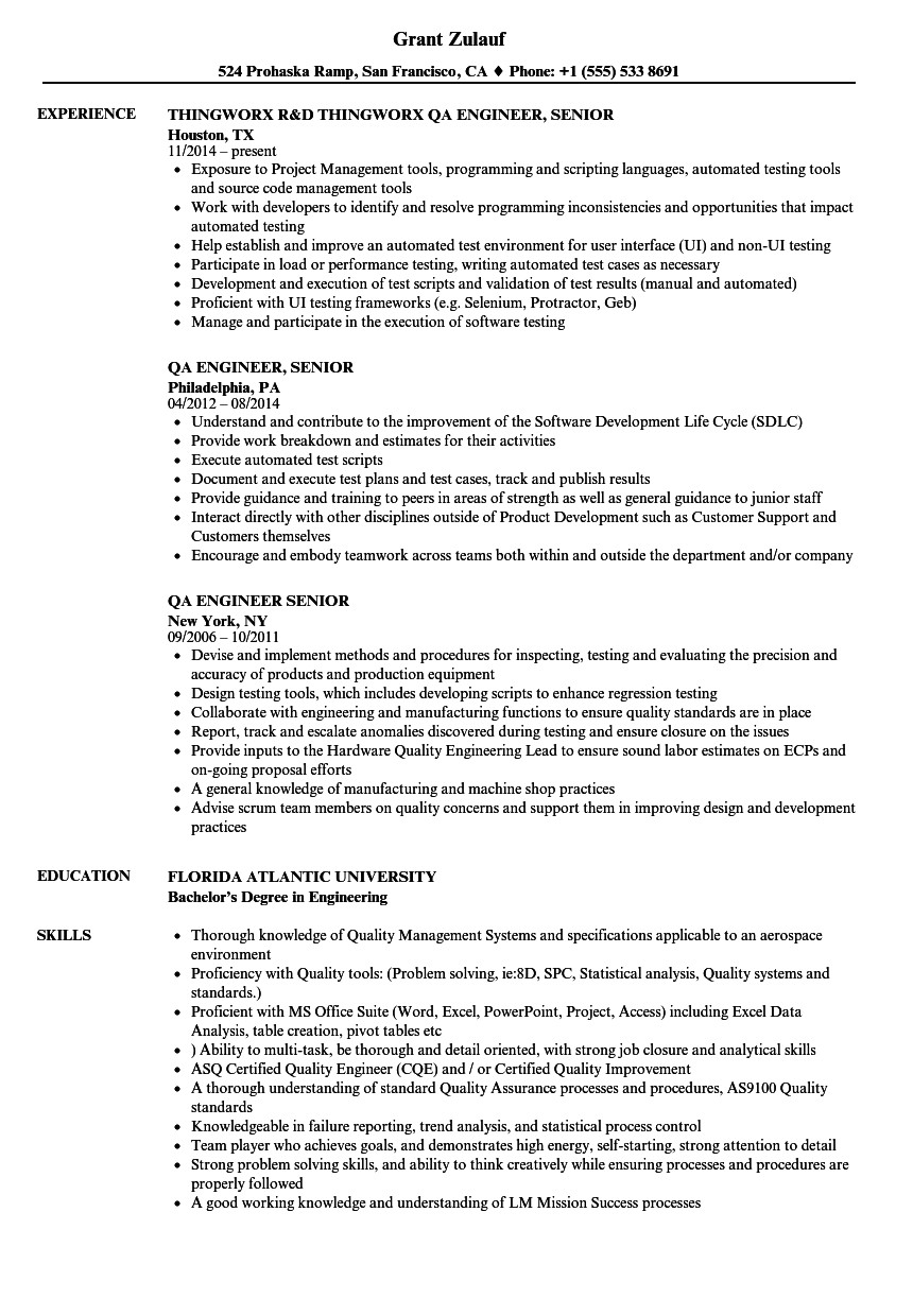 qa engineer senior resume sample