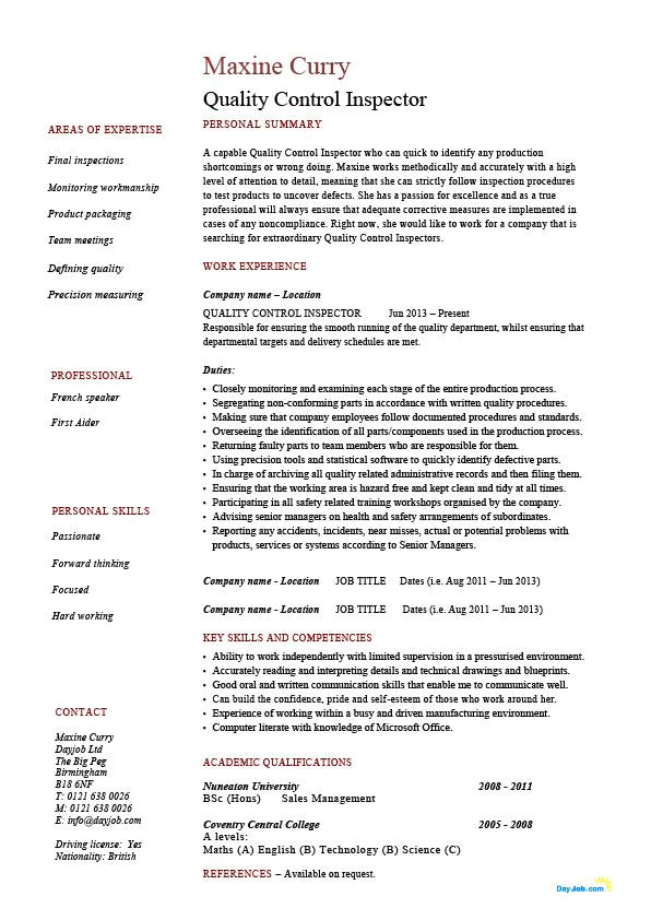 resume examples quality control