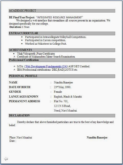 fresher resume format