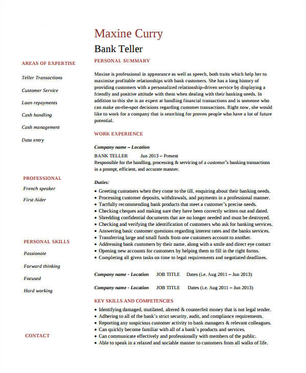 basic banking resume