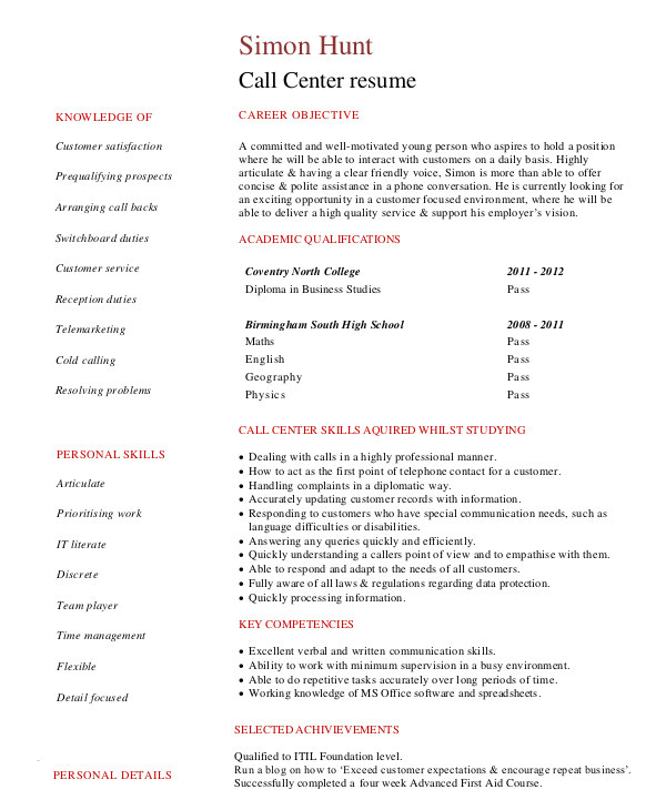 call center resume example