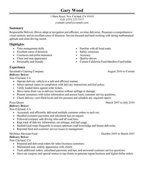 restaurant bar delivery driver resume example