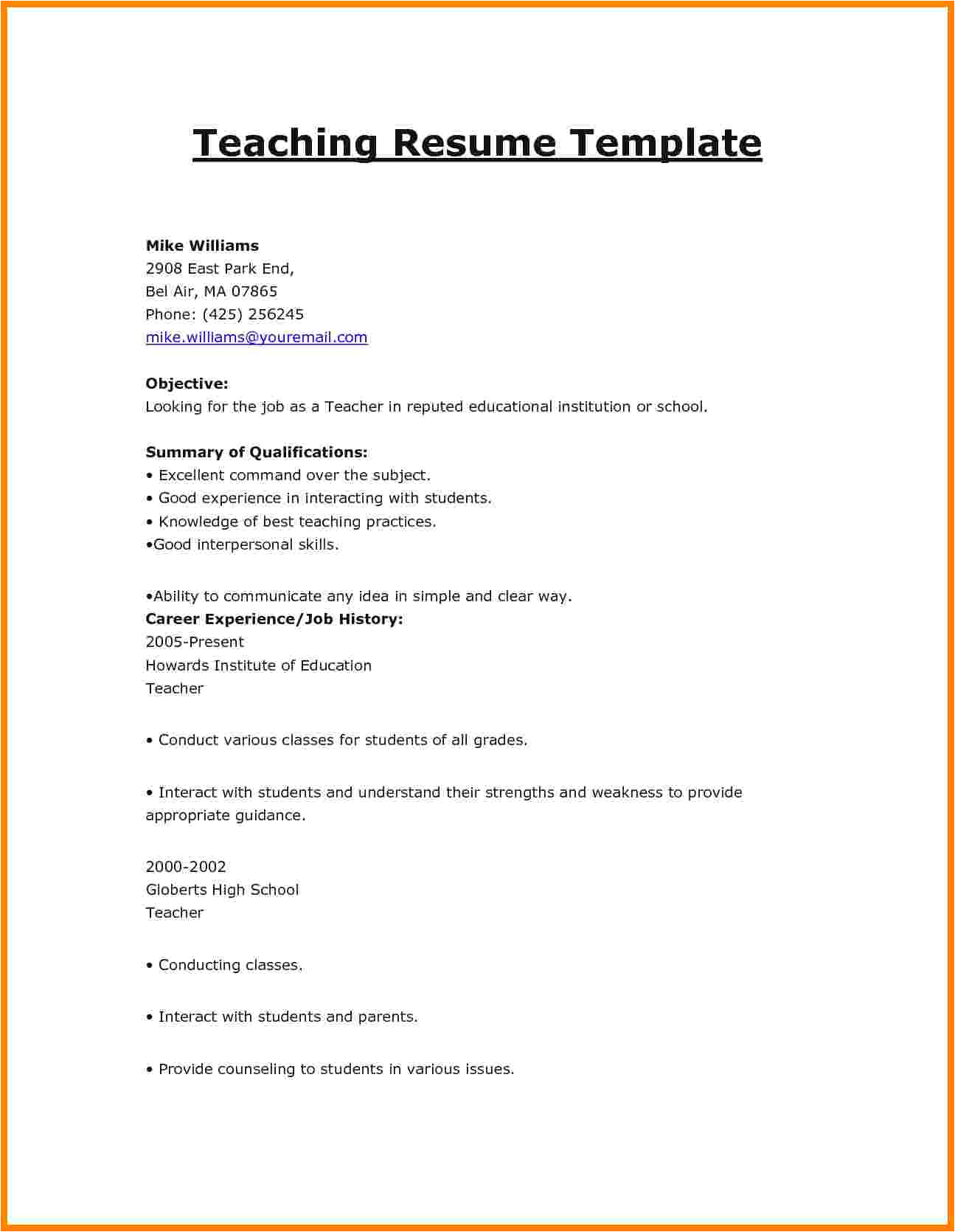 Resume format for Fresher Teacher Job | williamson-ga.us