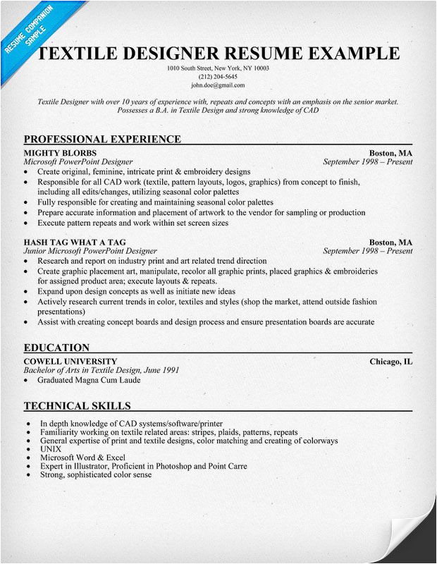 Resume format for Fresher Textile Designer Textile Designer Resume Example Clothes Fashion