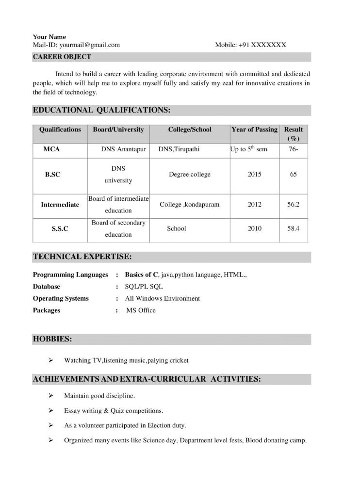 resume format for freshers electronics and communications engineers