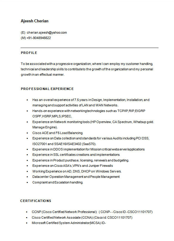 network engineer resume template