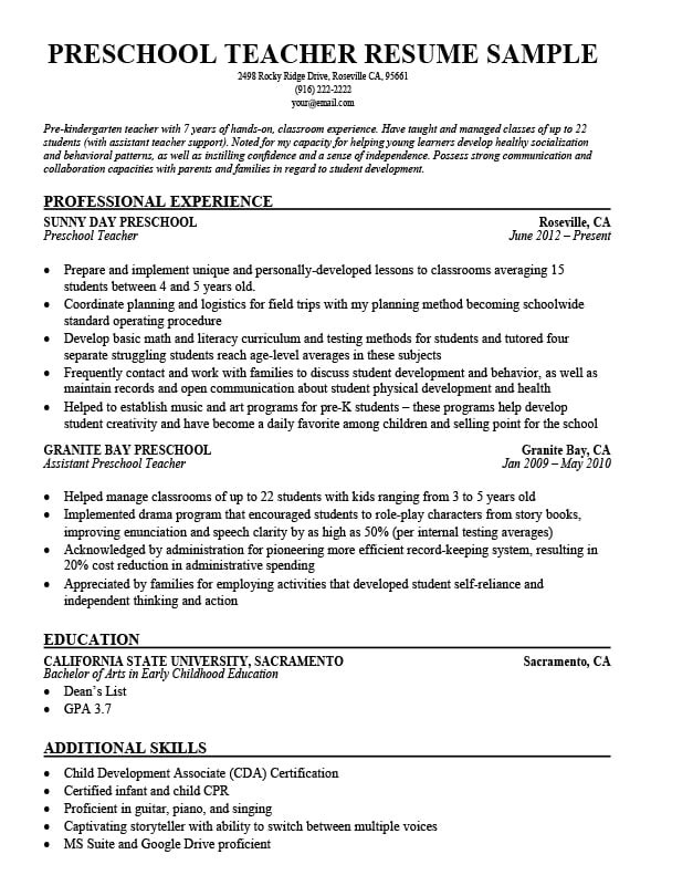 preschool teacher resume sample