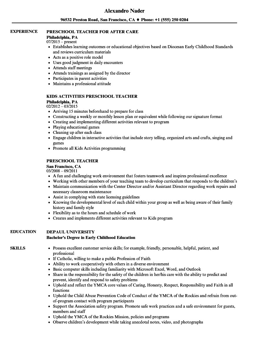 resume format for nursery school teacher
