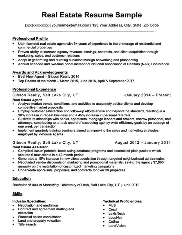 real estate resume example