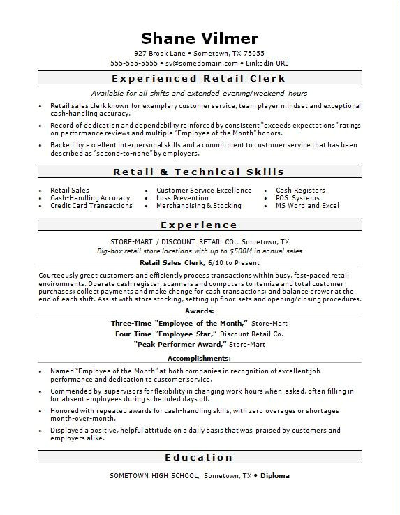 sample resume retail clerk