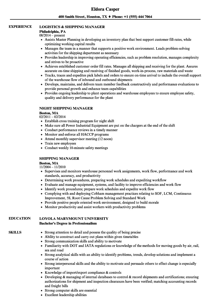 shipping manager resume sample