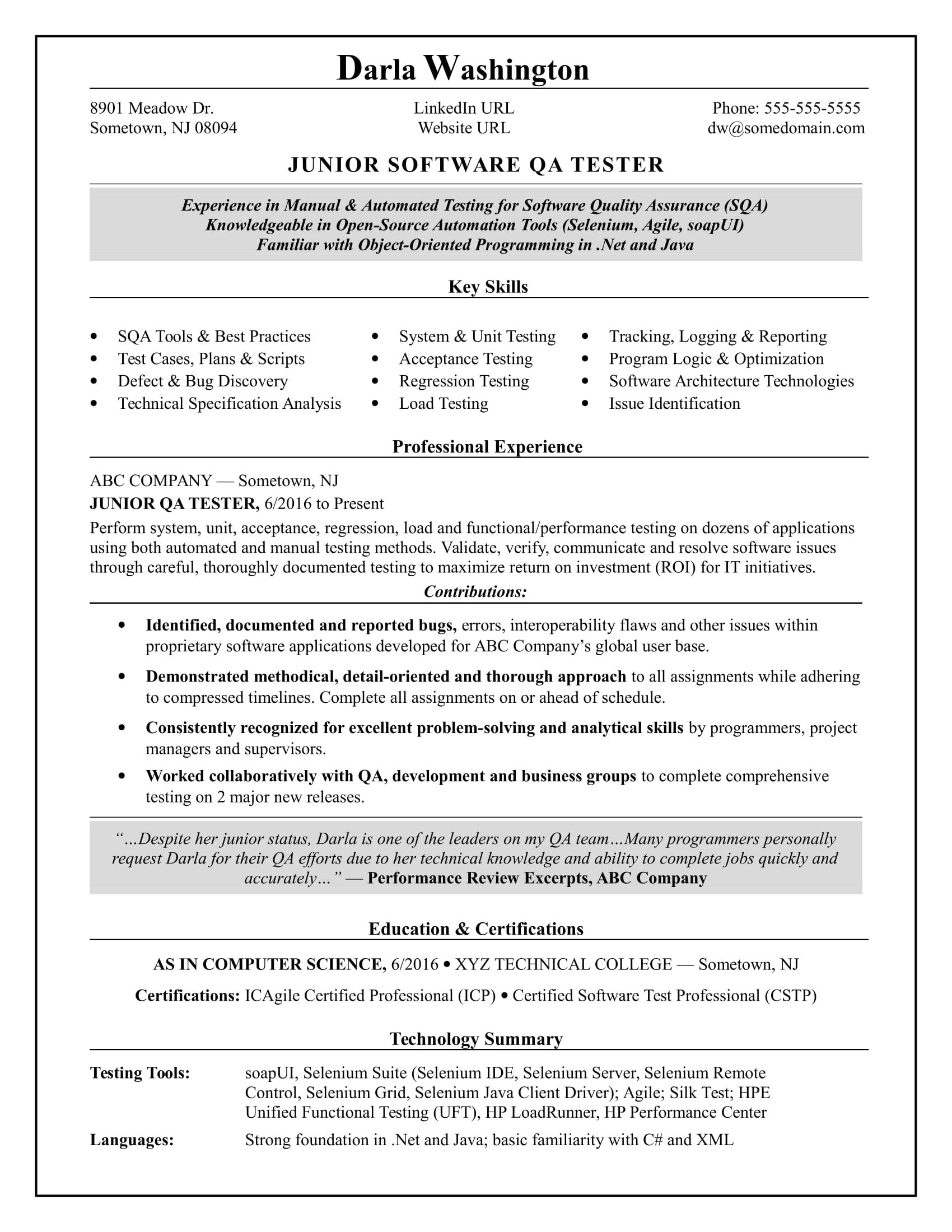 resume format for software tester fresher