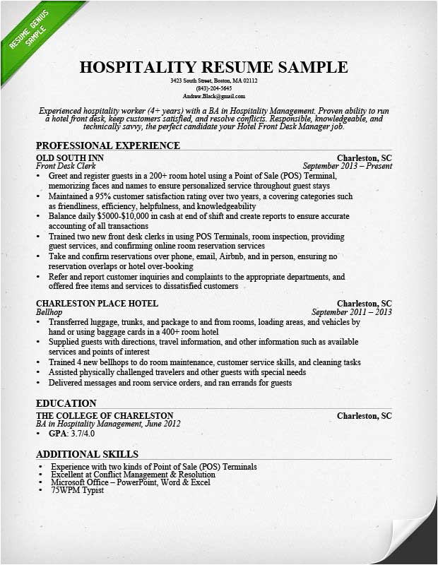hospitality hotel front desk resume example