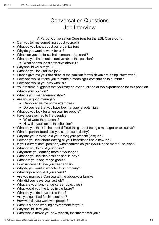 esl conversation questions job interview iteslj