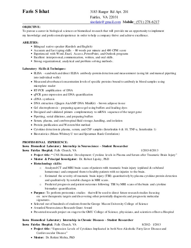 biomedical research resume