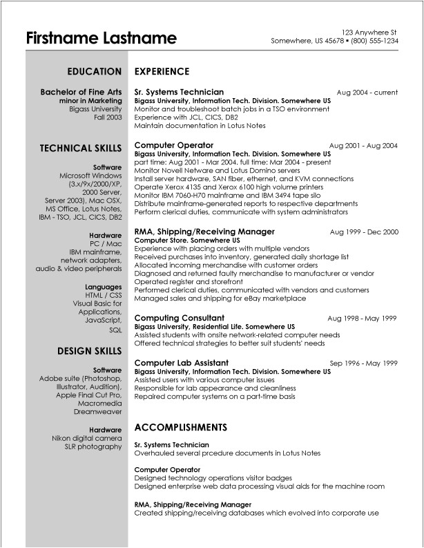 resume template excel 1854