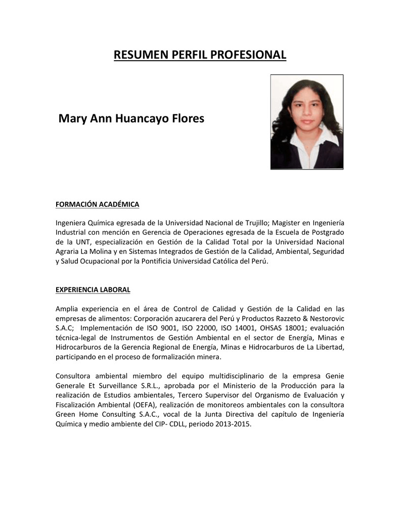 resumen perfil profesional mary ann huancayo flores