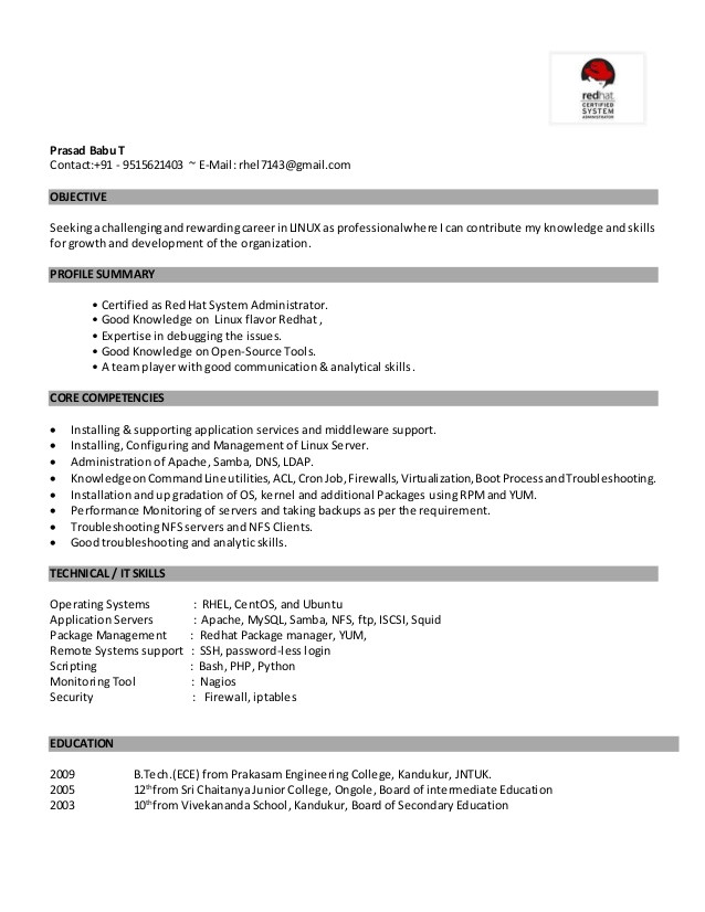 linux fresher resume