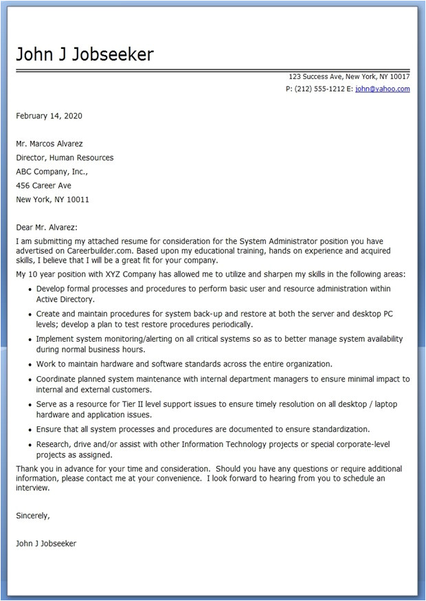 system admin cover letter examples