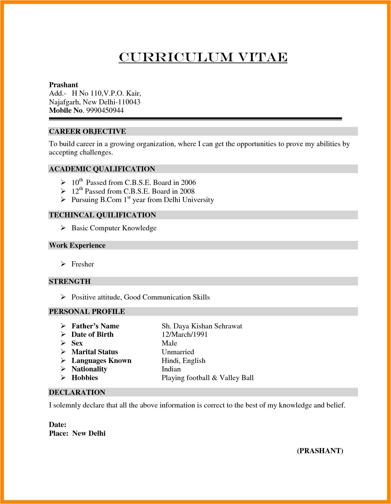simple resume format for freshers doc