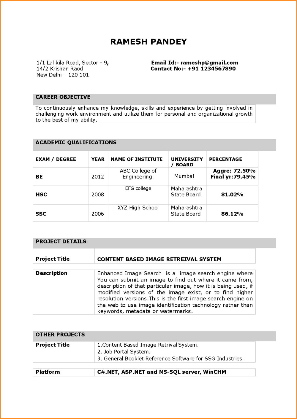 free download resume format for freshers in word