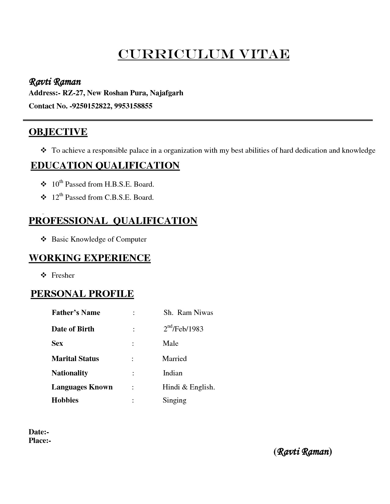 simple resume format for freshers in word file