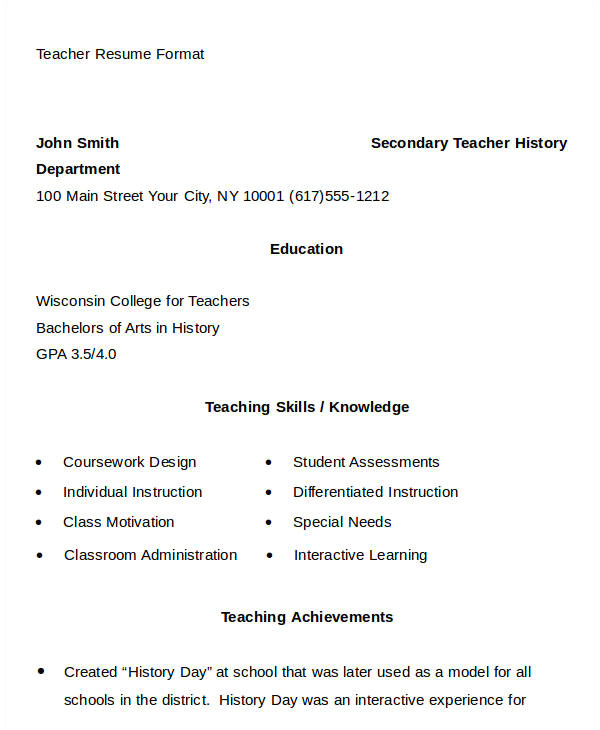 Simple Teacher Resume format Doc 21 Simple Teacher Resume Templates Pdf Doc Free