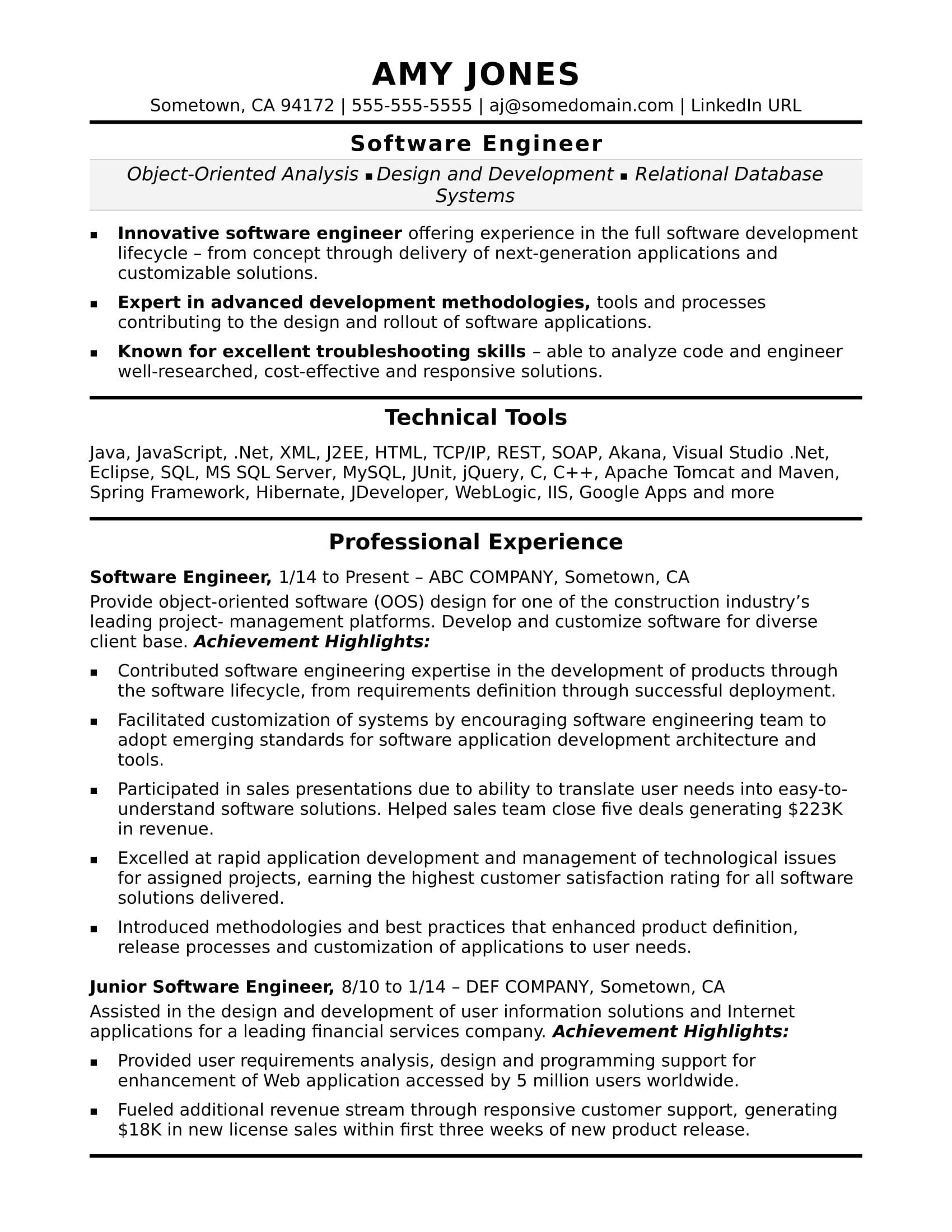 google software engineer resume sample