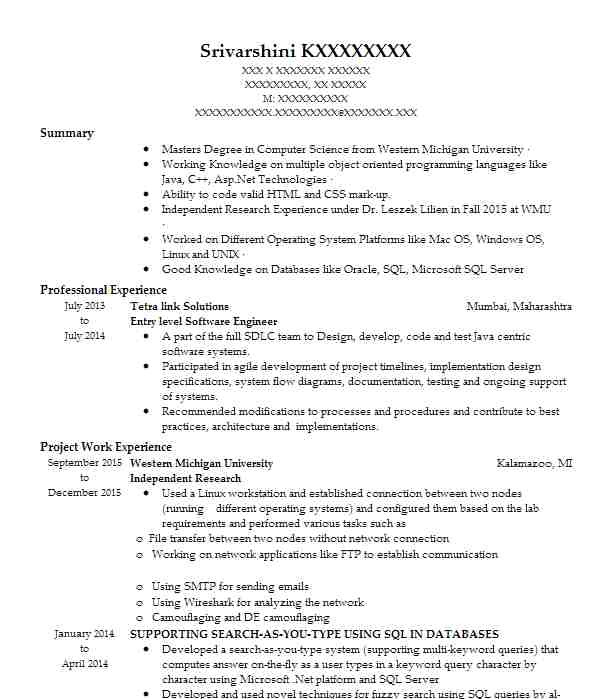 entry level software engineer resume objective