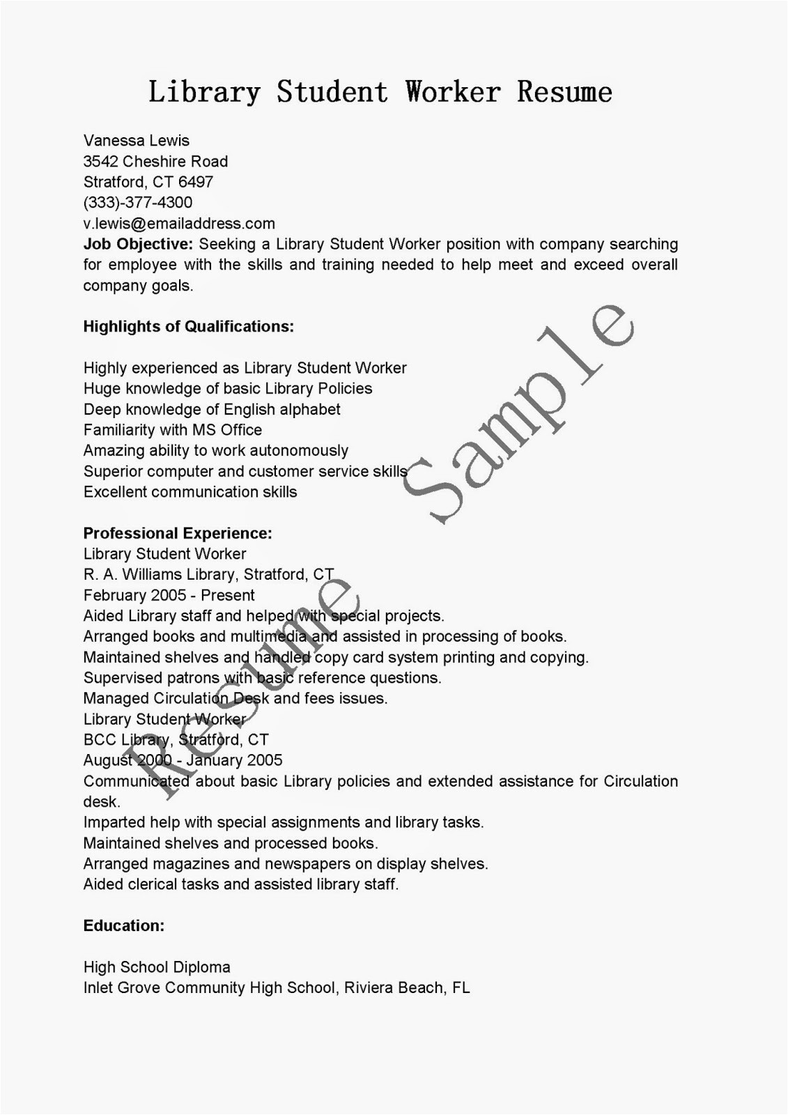 library student worker resume sample