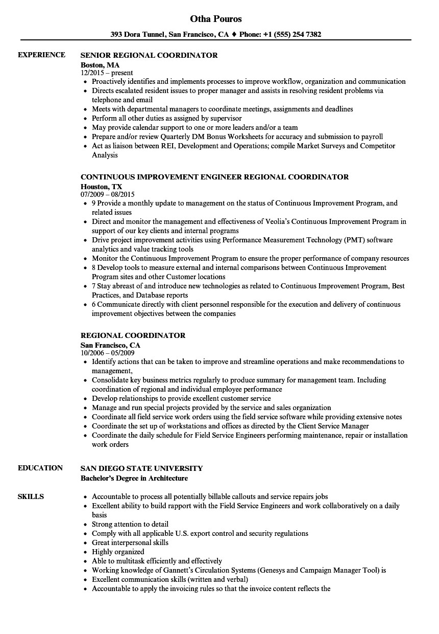 regional coordinator resume sample