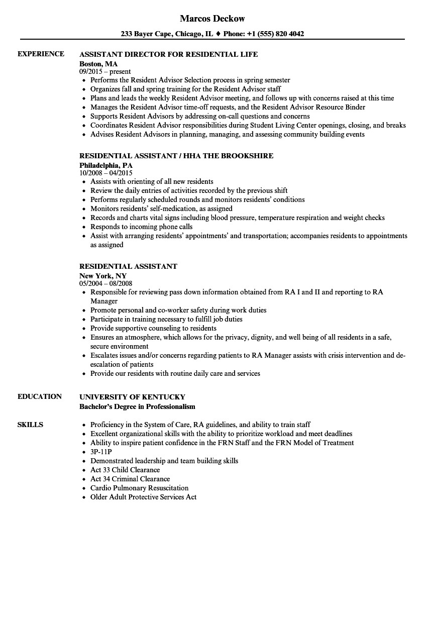 residential assistant resume sample