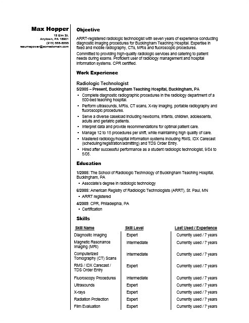 sample resume radiologic technologist