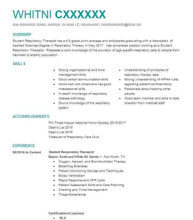Student Respiratory therapist Resume Student Respiratory therapist Resume Sample Livecareer