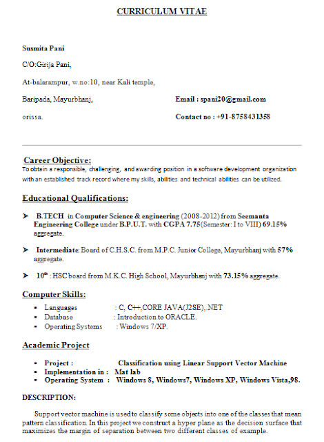 resume format for b tech cse students