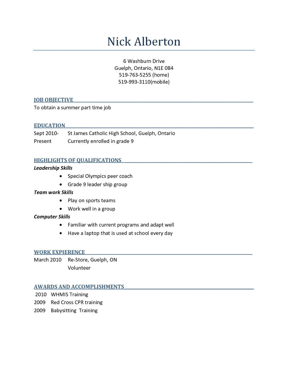 resume template for high school students canada