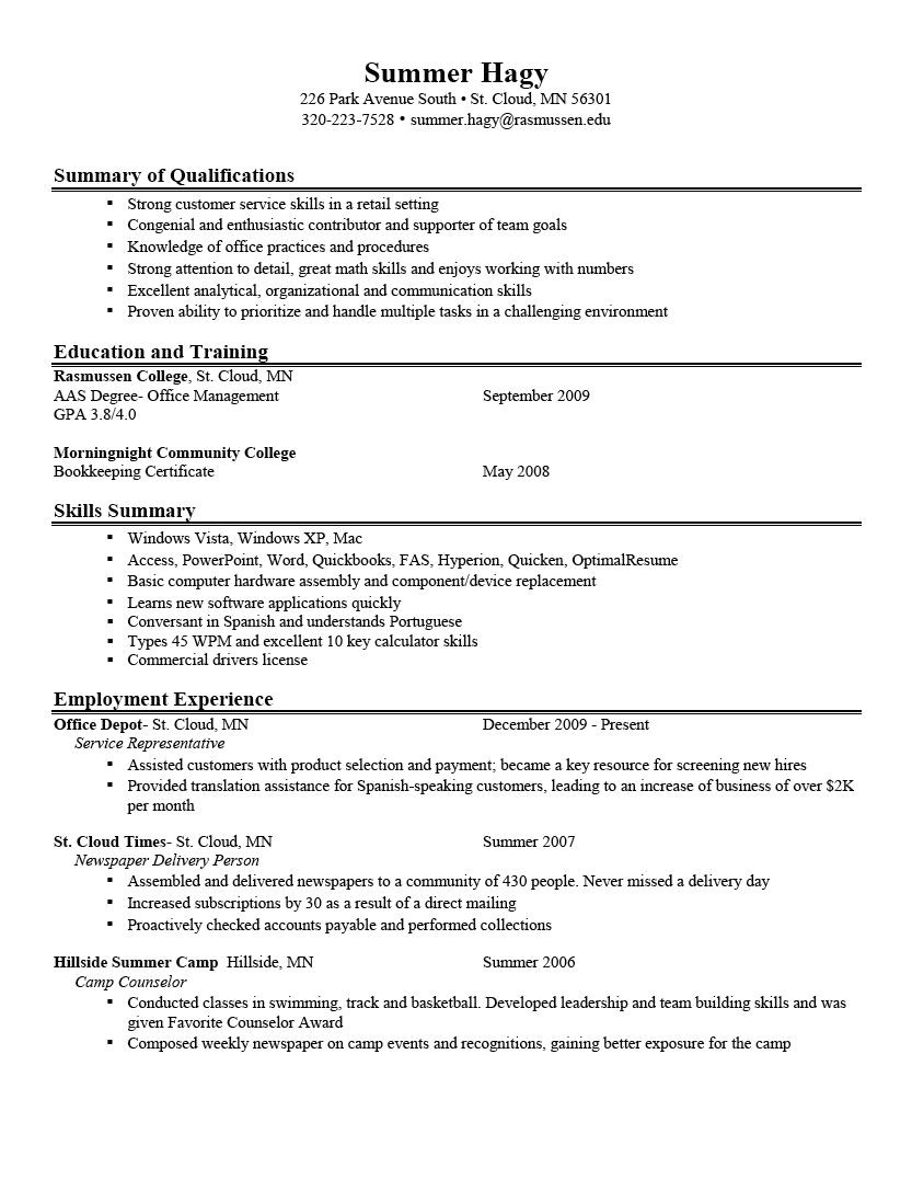 student resume objective examples for college  williamson