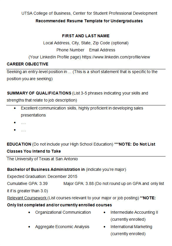 student sample resume templates