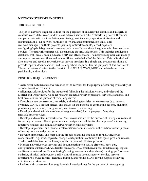 Systems Engineer Resume Job Description Sample Network Engineer Job Description 10 Examples In