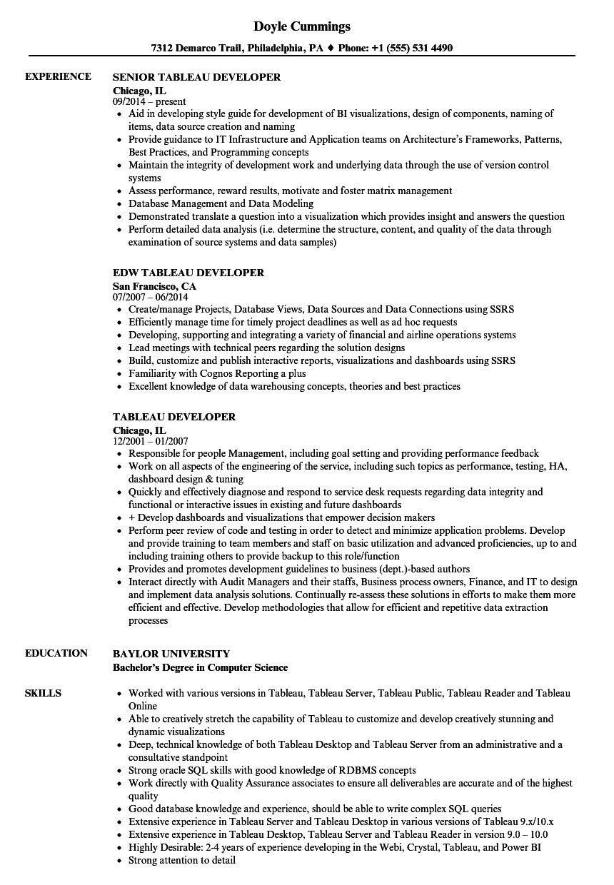 Tableau Resume Sample Tableau Developer Resume Samples Velvet Jobs