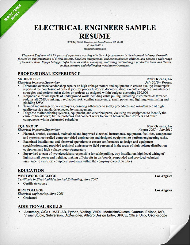 electrical engineer resume example