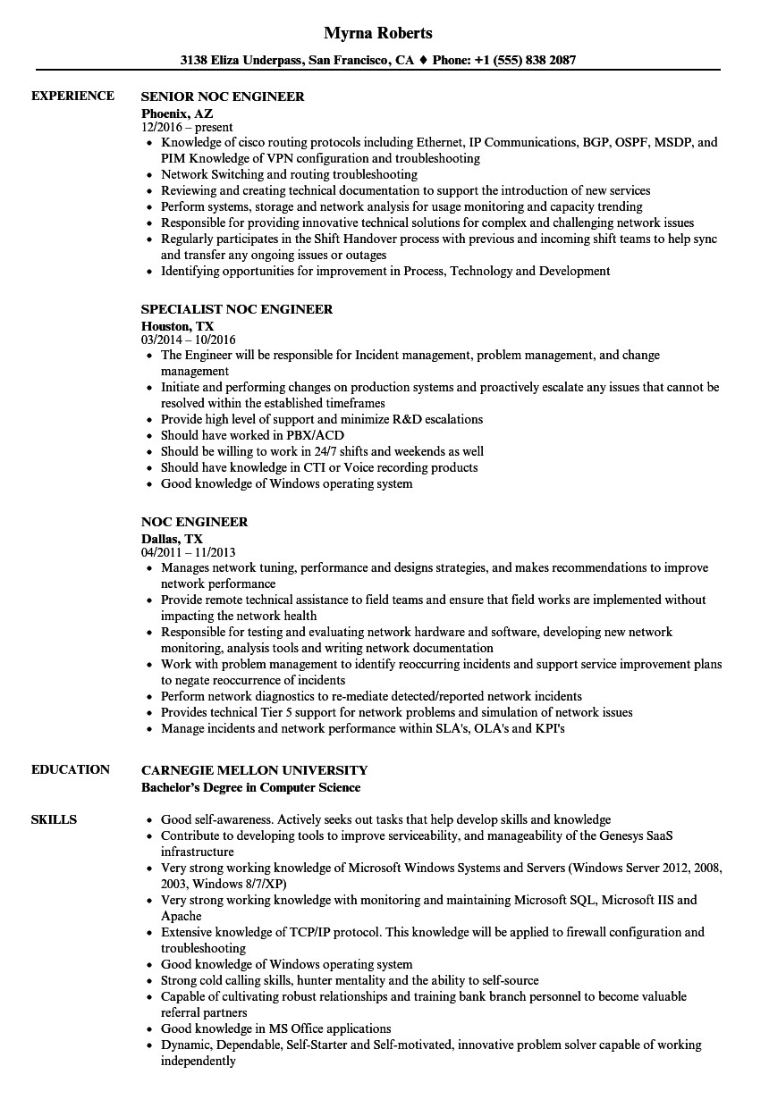 noc engineer resume sample