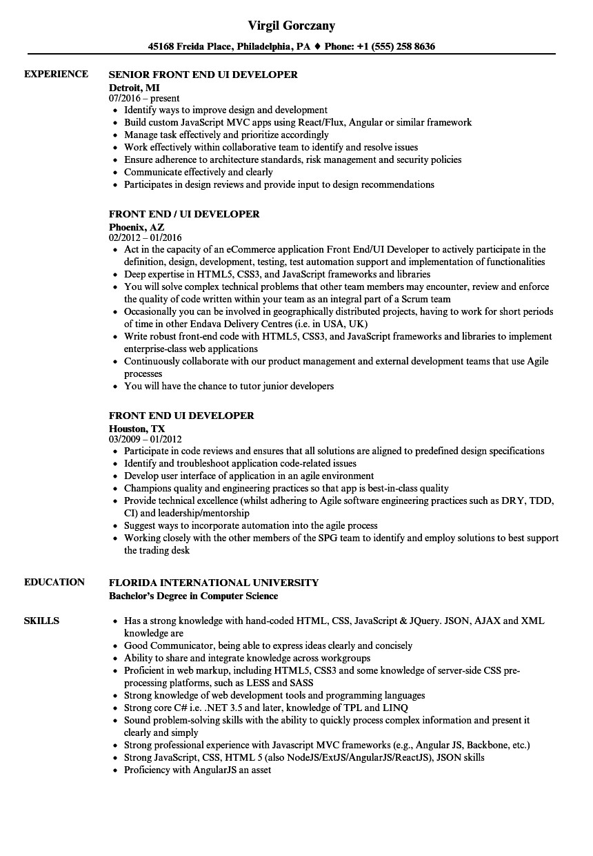 Ui Developer Sample Resume Front End Ui Developer Resume Samples Velvet Jobs