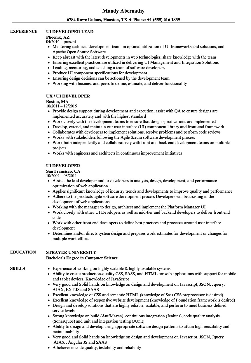 ui developer resume sample