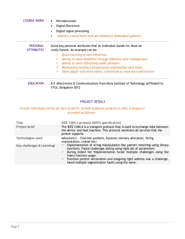 embedded systems course student resume template