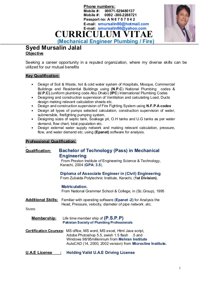 cv for the post of mechanical engineer