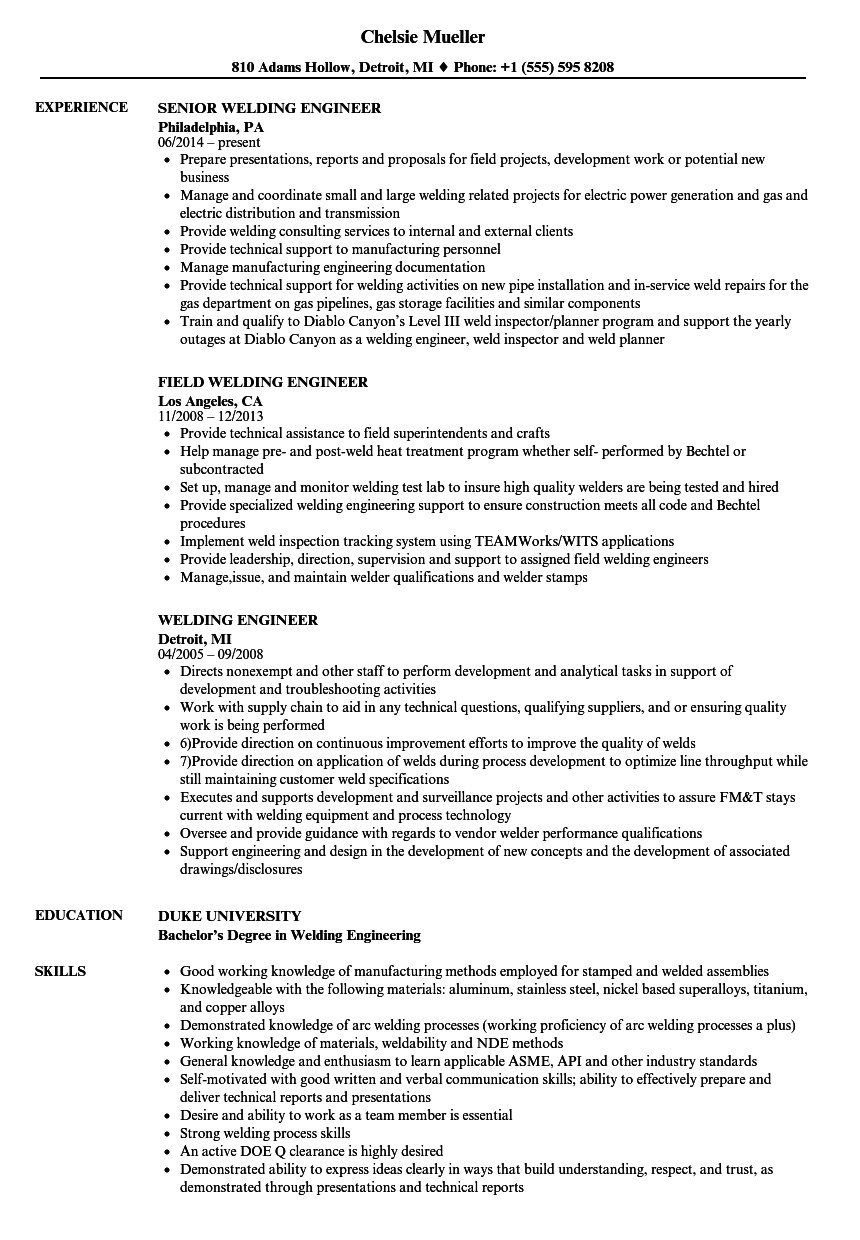 Welding Engineer Resume Welding Engineer Resume Samples Velvet Jobs