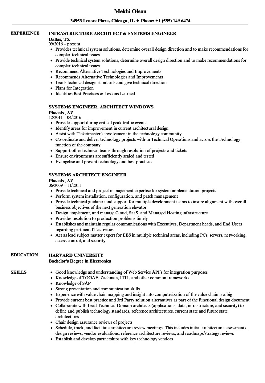 systems architect engineer resume sample