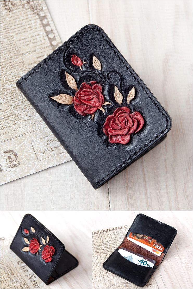 Business Card Holder for Women Slim Wallet Leather Business Card Case for Woman Black